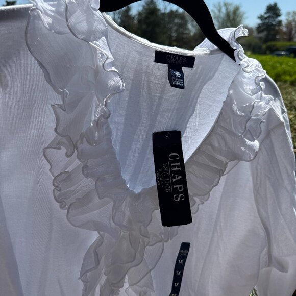 Chaps Women's Plus Size Pullover Cotton Top with Ruffle V-Neck NWT - Picture 3 of 13